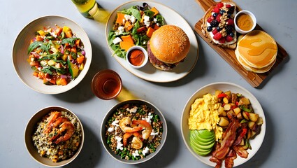 Delicious and colorful assortment of healthy breakfast and brunch dishes served on a gray surface