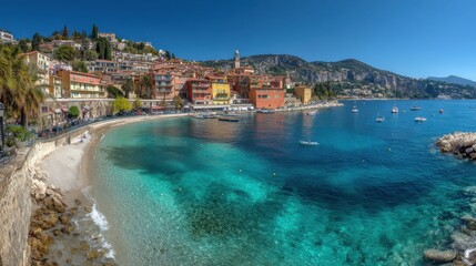 Brightly colored buildings line the shore of a serene bay, where clear blue waters meet a sandy beach. Boats gently float in the tranquil harbor under a clear sky.