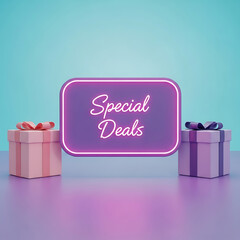 Neon Special Deals Gift Boxes on Purple Background, cyber monday, cyber monday shoping,