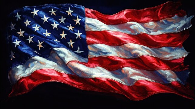 Waving american flag with stars and stripes rendered in bold painterly brushstrokes, red white and blue fabric rippling against a dark background conveying proud patriotism