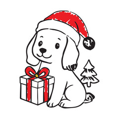 Hand drawn winter Christmas dog animal characters with Christmas tree, gift box. Dog in winter hat and scarf. Vector sketch illustration in vintage rough pen textured style