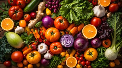 Vibrant assortment of fresh healthy fruits and vegetables arranged artfully