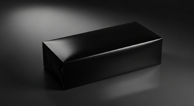 Elegant minimalist black rectangular box presentation, ideal for luxury product packaging or sophisticated gift display, highlighted by subtle studio lighting against a dark background