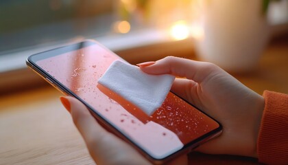 hands in an orange sweater gently wiping water droplets from a smartphone screen with a white cloth by a sunlit window, cozy and careful moment