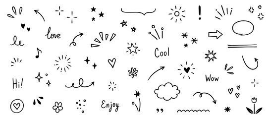 Line arrow, star, heart cute icon elements. Hand drawn sketch heart, arrow, star, flower decoration symbols. Simple sketch line style emphasis, attention, graphic elements. Vector illustration