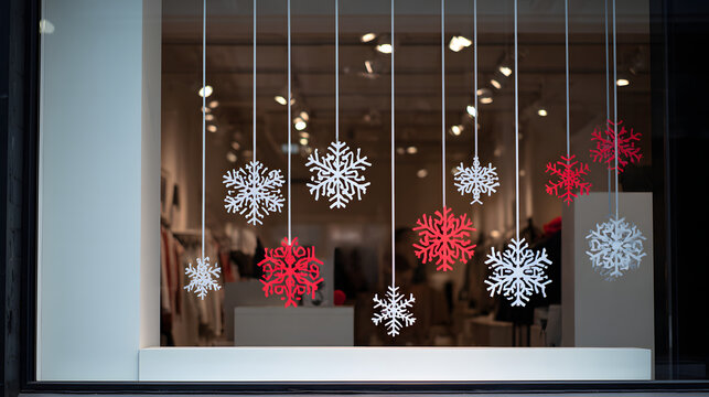 Holidays Festive discount storefront in New year. Festive window display with hanging snowflakes in a retail setting.