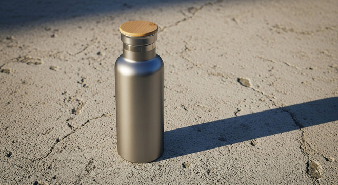 Sleek silver reusable water bottle with a sustainable bamboo cap, casting a shadow on a weathered concrete floor under bright sunlight