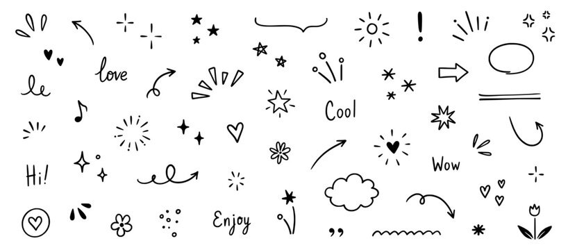 Line arrow, star, heart cute icon elements. Hand drawn sketch heart, arrow, star, flower decoration symbols. Simple sketch line style emphasis, attention, graphic elements. Vector illustration