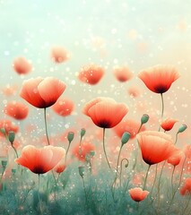 Fototapeta premium Dreamy field of delicate orange-red poppy flowers with slender stems and seed pods, floating petals and soft sparkling light evoking a serene whimsical springtime calm