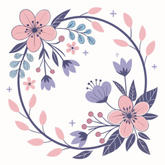 Charming floral wreath with pink and purple flowers and leaves on a, perfect for adding a touch of elegance to any design
