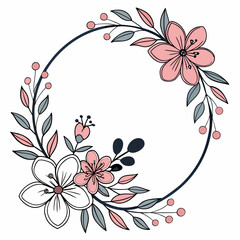 Floral wreath isolated on with pink and white flowers, leaves, and berries arranged in a circular design for invitations and decorations