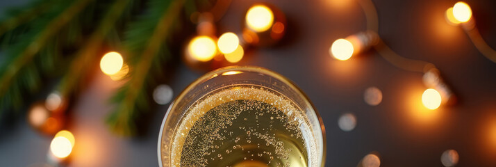 New Year background. Celebration with champagne, celebratory champagne setup adorned with golden bubbles and fairy lights, joyful festive scene showcasing sparkling drink with glowing lights.