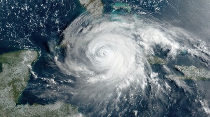 Fototapeta premium A powerful hurricane develops over the Caribbean Sea, with swirling, dense clouds and turbulent weather patterns visible. The storm approaches Central America, threatening land.