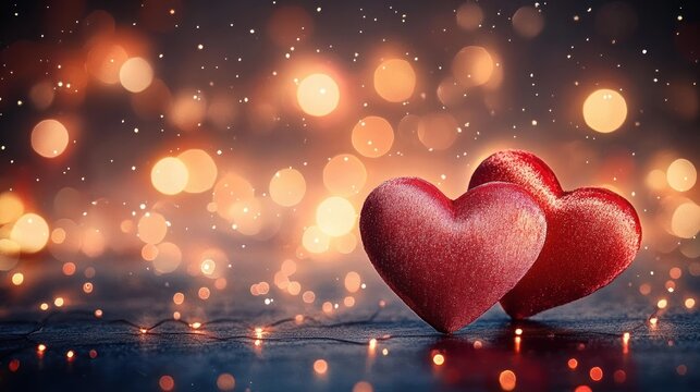 Two glittering red hearts resting on a dark reflective surface with warm bokeh lights and soft falling sparkles creating a romantic cozy atmosphere