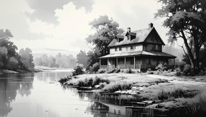 Riverside Cottage - A Serene Black and White Landscape.