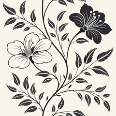 Elegant monochrome floral pattern isolated on featuring blooming flowers, delicate leaves, and graceful branches in a seamless design