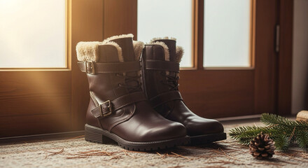 Stylish brown leather winter boots with fur trim next to a pinecone and pine branches, perfect for cold weather fashion and cozy indoor lifestyle scenes