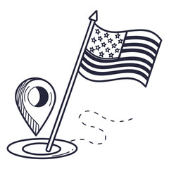 A handdrawn illustration of an american flag on a pole with a location pin isolated on, symbolizing travel destinations and patriotic landmarks