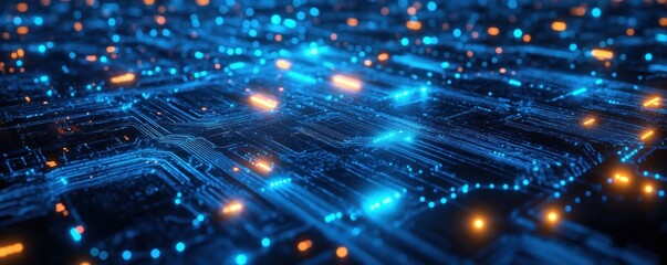 Glowing electronic circuit board with blue data pathways and orange indicator lights, futuristic high-tech energy and dynamic digital network