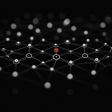 illuminated network mesh of interconnected white nodes and dotted links on a dark background with a single orange highlighted target node, evoking focus and connectivity