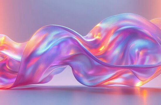 iridescent flowing silk ribbon in pastel pink purple and blue with glowing shimmer and fluid waves evoking dreamy serene futuristic elegance