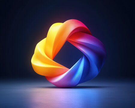Vibrant multicolored twisted ribbon loop glowing in blue, purple, pink, orange and yellow on a reflective surface, dynamic and harmonious abstract 3D form