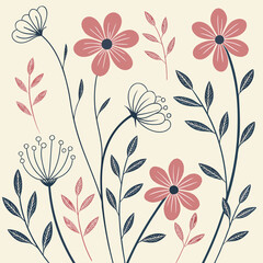 A charming floral pattern with pink and navy flowers, leaves, and stems arranged on a light beige background, creating a whimsical and natureinspired design