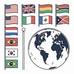 A collection of world flags and a globe illustration isolated on, representing international unity, diversity, and global awareness