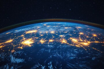 Obraz premium Curved Earth from space at night showing glowing city lights and bright network lines across the surface, evoking wonder, connectivity, and a futuristic global pulse