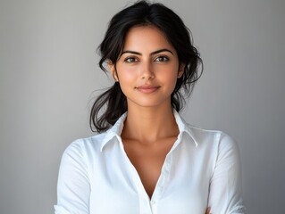 poised professional woman in white button-down shirt with dark tied-back hair against a neutral gray background, calm confident posture