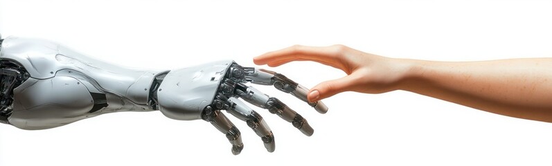 human hand and sleek robotic arm reaching to touch fingertips against a white background, conveying connection, curiosity, and technology meeting humanity