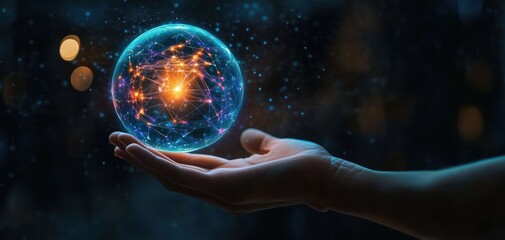 human hand holding a glowing digital network sphere with a luminous core and connected nodes against a dark starry background, evoking wonder and futuristic control