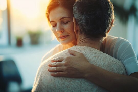 two people embracing in warm sunlight with a hand resting on the other's back, tender comforting hug in a cozy indoor home setting expressing care and support