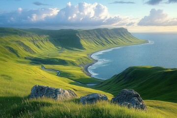 Sunlit sweeping green cliffs and curving bay with grassy foreground boulders under a calm cloudy sky, evoking peaceful solitude