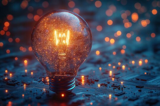 A glowing filament light bulb resting on a blue circuit board with tiny orange indicator lights and bokeh, evoking innovation, wonder, and creative inspiration