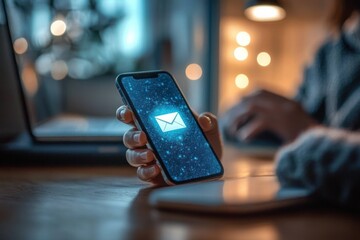 Hand holding smartphone displaying glowing envelope email icon on starry screen, laptop and blurred person typing on desk with warm bokeh lights, cozy focused anticipation
