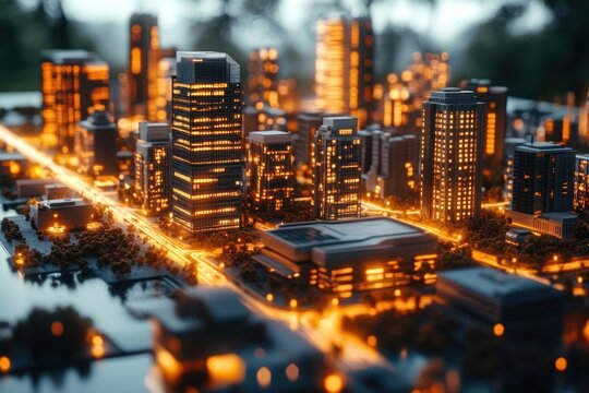 glowing miniature city model with illuminated skyscrapers, lit streets, water reflections and trees at dusk, warm futuristic atmosphere evoking awe and wonder