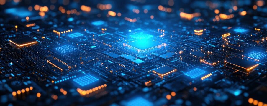 glowing central processor on a dense futuristic circuit board with blue core and orange indicator lights, evoking high-tech energy and dynamic intensity