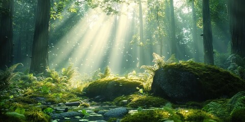 Fototapeta premium Sunlit forest clearing with tall trees, moss-covered rocks, ferns and a shallow pebble stream, soft light beams and floating dust creating a peaceful, magical mood