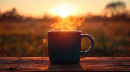 steaming mug on a wooden table at sunrise with warm golden light over a blurred countryside, cozy peaceful morning