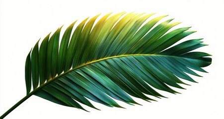 single curved tropical palm frond with green and blue gradients and yellow midrib on white background, fresh calm tropical vibe