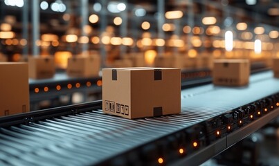 cardboard shipping boxes on a moving conveyor belt in a brightly lit automated warehouse conveying efficiency and organized motion