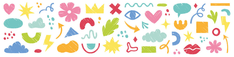 Fototapeta na wymiar Crayon brush sticker cute organic shape set. Hand drawn sketch doodle scribble pastel brush geometric shape crayon effect background. Abstract arrow, circle, zigzag elements. Vector illustration
