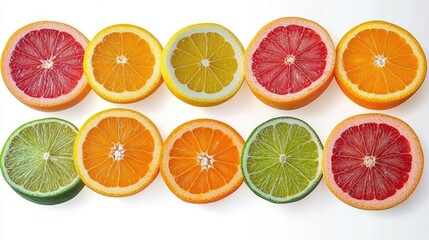 Obraz premium Ten colorful halved citrus fruits arranged in two rows on a white background, fresh vibrant and refreshing