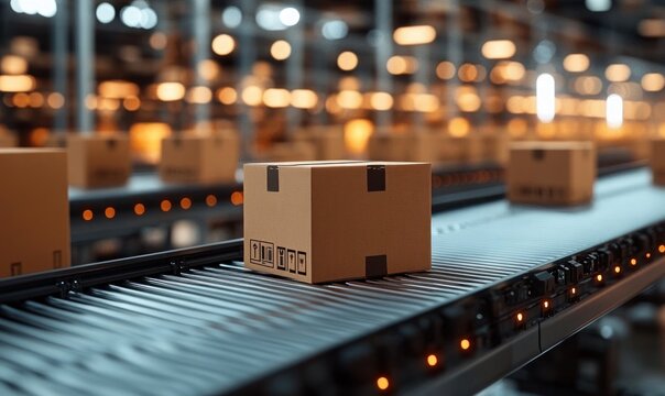 cardboard shipping boxes on a moving conveyor belt in a brightly lit automated warehouse conveying efficiency and organized motion