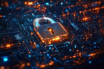 glowing golden padlock on a blue illuminated circuit board conveying futuristic digital security and protective vigilance
