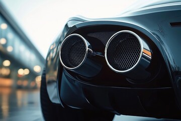 Close-up of dual chrome exhaust tips and glossy black rear bumper of a sleek sports car with honeycomb inserts and blurred urban lights, evoking power and luxury