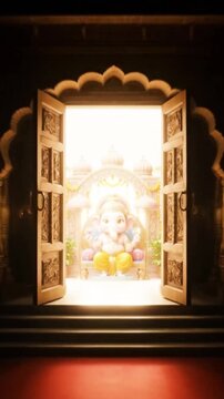 Divine Ganesh Entrance with Glowing Temple Doors &ndash; Hindu Wedding & Festive Invitation Video Background