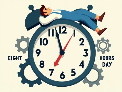 Man sleeping on top of a large alarm clock symbolizing eight hour workday