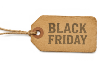 Black friday sale tag on recycled cardboard paper with rope string, indicating special seasonal discount promotion